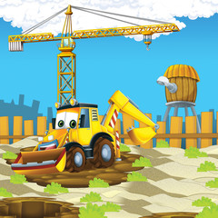 Fototapeta na wymiar cartoon scene with digger on construction site - illustration for the children