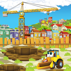 Obraz na płótnie Canvas cartoon scene with digger on construction site - illustration for the children