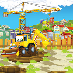 Obraz na płótnie Canvas cartoon scene with digger on construction site - illustration for the children