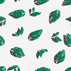 Fototapeta na wymiar Seamless pattern with leaves and shadow. Botanical motifs scattered random. Colorful vector texture. Good for fashion prints. Hand drawn green leaves on black background with white polka dots