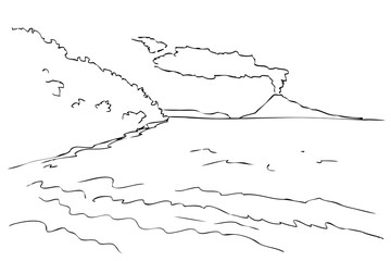 simple hand draw sketch, forest and krakatao mountain with volcano