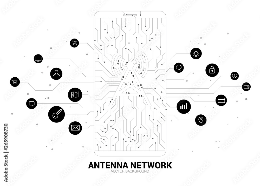 Poster Vector antenna tower icon on mobile phone from dot connect line circuit board style mobile data icon. Concept for data transfer of mobile and wi-fi data network.
