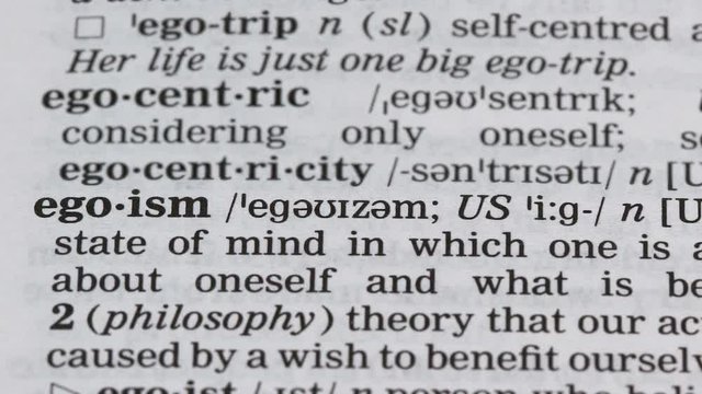 Egoism word in english dictionary, person qualities, self-confidence, narcissism