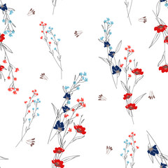 Blossom floral seamless pattern. Blooming botanical motifs scattered random. Trendy colorful vector texture. Good for fashion. Ditsy print. Hand drawn small flowers on white background. Retro style
