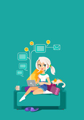 Flat Vector illustration attractive women remotely Working from Home as a Freelancer Using a Laptop Сomputer and Network. Modern Workplace for Self-employed People