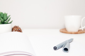 Workspace with sketchbook, planner, succulent, cup of tea on white background. Flat lay, top view office table desk. Freelancer working place. copyspace