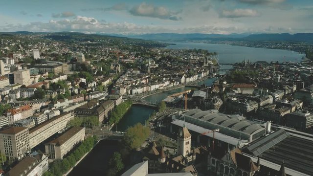 Aerial shot of the Limmat River and the Zurichsee Lake. Zurich, Switzerland