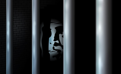 Prisoner and prison cell. Alone in jail behind bars. Felony committed crime or bankrupt. Business criminal serve their sentence in locked prison. Vector illustration. Eps10. Shadow and darkness