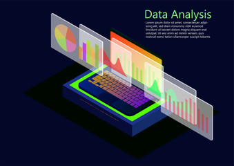 isometric flat design of Analysis data and Investment.