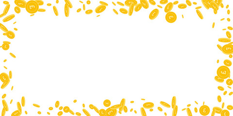 British pound coins falling. Scattered disorderly 