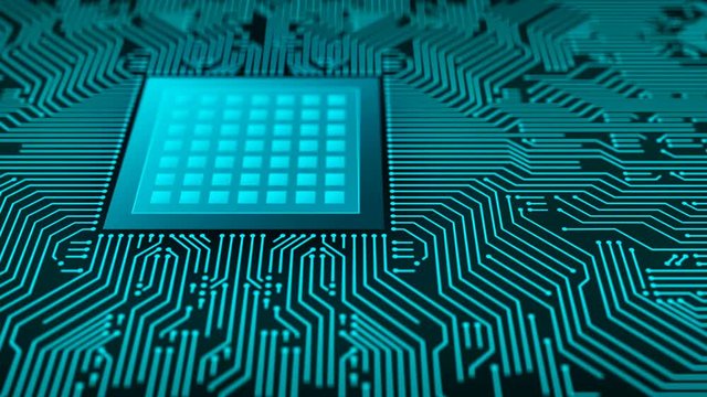Circuit Board with chip animation. Computer CPU. Abstract global technology concept.