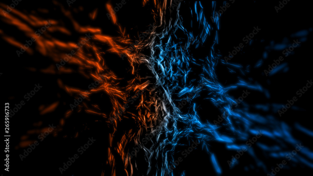 Poster 3d rendering of abstract low polygon geometry. concept of battle and fighting of two different eleme