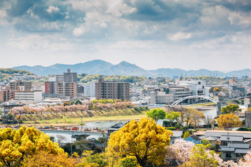 Okayama cityscape from Okayama Castle at spring in Japan