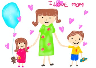 Hand drawn, Cartoon of mother and child isolated on white background, Mothers day concept