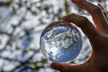 hand holding crystal ball up to the sky 