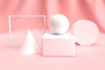 Abstract 3D geometry shape set on pink color background. Mock up and advertising presentation concept. Beauty and cosmetic concept.