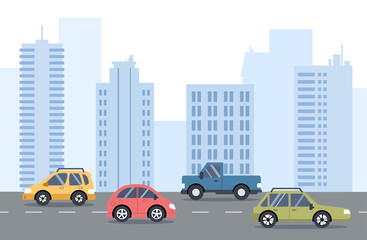 Traffic on the road. City transport. Street with cars, skyline, office buildings in the background. Flat vector illustration.  