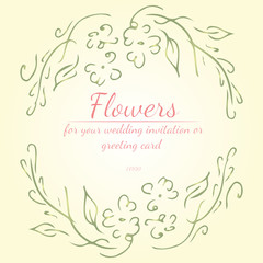 Wreath of roses or peonies flowers branches with living coral, green, sage, white nectar colors. Floral frame design elements for wedding invitation and greeting card. Hand drawn. Line art. Sketch