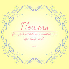 Wreath of roses or peonies flowers with shalimar, lemon, polo blue, azalea and white nectar colors. Floral frame design elements for wedding invitation and greeting card. Hand drawn. Line art. Sketch