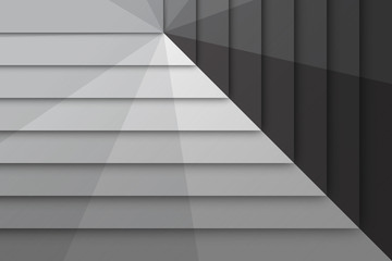 Geometrical rectangle modern abstract background. Each shape overlaps ranging from light to dark tones. Shadows create depth & 3D look. An angle gradient in black, gray & white create rays. 