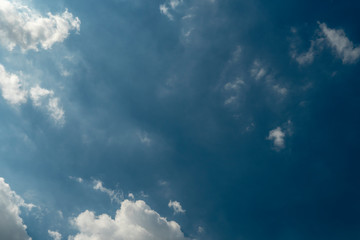 Beautiful blue sky with patchy white cloud on tropical weather in summer time background pattern. Skyscape background