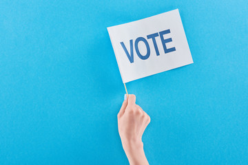 cropped view of woman holding white flag with vote lettering on blue background