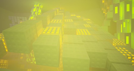 Fototapeta premium Abstract white Futuristic Sci-Fi interior With Purple And Yellow Glowing Neon Tubes . 3D illustration and rendering.