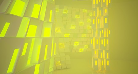 Abstract  white Futuristic Sci-Fi interior With Purple And Yellow Glowing Neon Tubes . 3D illustration and rendering.