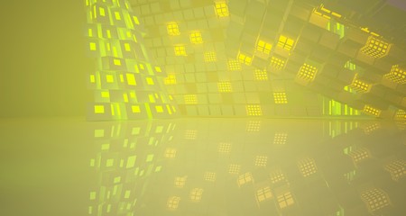 Abstract  white Futuristic Sci-Fi interior With Purple And Yellow Glowing Neon Tubes . 3D illustration and rendering.