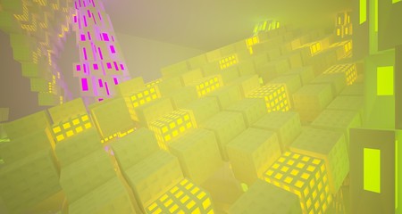 Abstract  white Futuristic Sci-Fi interior With Purple And Yellow Glowing Neon Tubes . 3D illustration and rendering.