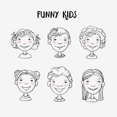 Funny kids. Vector cute boys and girls collection. Multi-ethnic group of happy children. Different cartoon faces icons