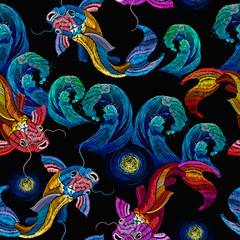 Obraz premium Embroidery koi fish carp and blue sea wave seamless pattern. Japan template fashionable clothes, t-shirt design