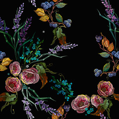 Roses, lavander and blackberry seamless pattern. Embroidery autumn fashion art. Template for design of clothes and t-shirt design
