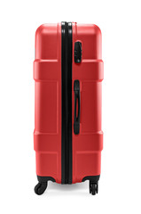 Side view photo of red plastic travel suitcase with wheels
