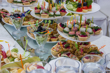 Table setting in a restaurant with variety of snacks