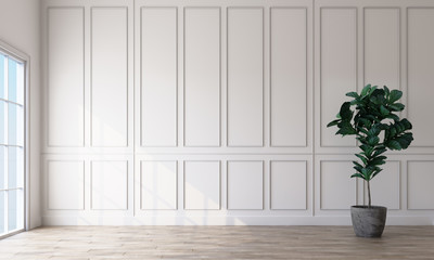 Empty room interior with white rectangular pattern walls and a light wooden floor. 3d rendering