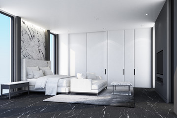 Idea of white modern luxury bedroom and black marble floor with wall decorate. interior design. 3D illustration. 3D rendering