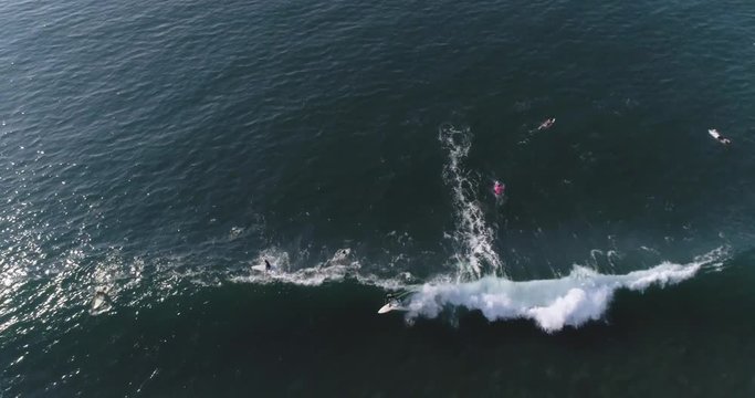 Peaceful sunny SURF trip. SURFER lifestyle in vacation on a sunny day. Surfer riding waves from aerial view.