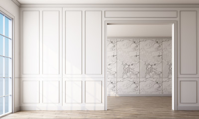 Modern classic White empty interior space with wall panels decorate,white marble wall and wooden floor. 3d rendering