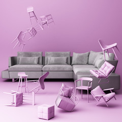 Grey sofa surrounding by a lot of purple little chair. 3d rendering,artwork