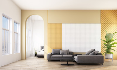 Memphis interior style living area with colorful wall decorate. 3d rendering