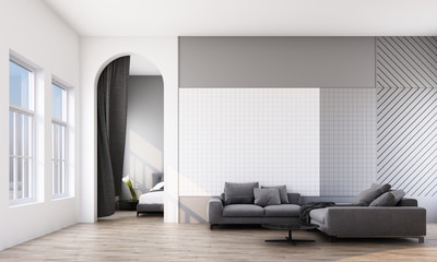 Fototapeta na wymiar Memphis interior style living area with grey wall decorate. 3d rendering