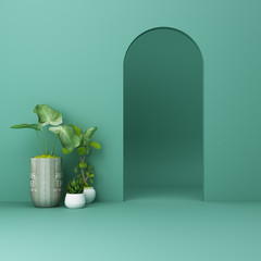 Minimalistic,green arch with plant. 3d rendering