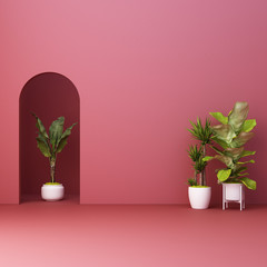 Minimalistic,red arch with plant. 3d rendering
