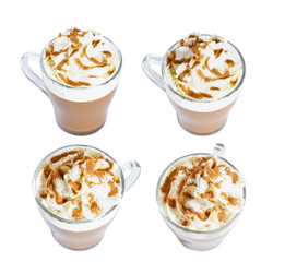 Cappuccino coffee with whipped cream and cinnamon in a glass mug. Isolate on white background.The photo.