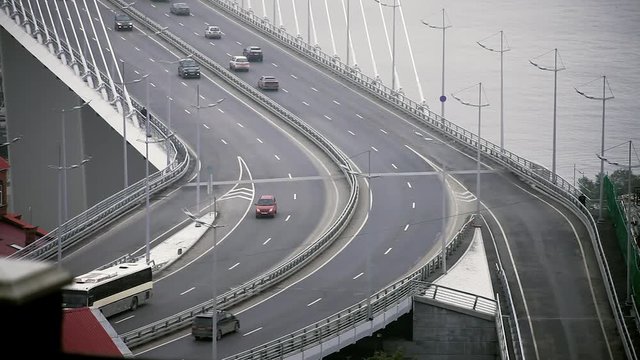 Vladivostok, Primorsky Krai / Russia - 07 07 2017: Close-up of a road junction, cars driving on the Golden Bridge