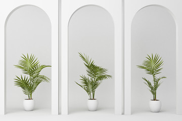 Minimalistic,white arch with many plant decorate. 3d rendering