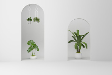 Minimalistic,white arch with many plant decorate. 3d rendering