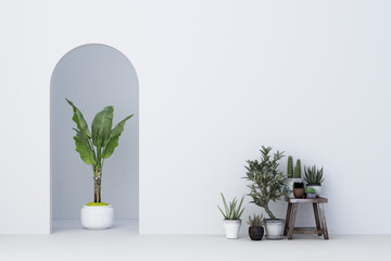 Minimalistic,white arch with many plant decorate. 3d rendering