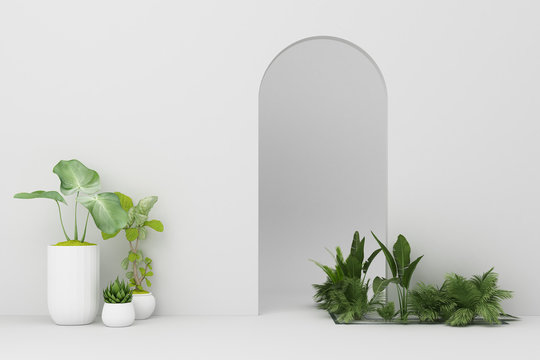 Minimalistic,white Arch With Many Plant Decorate. 3d Rendering